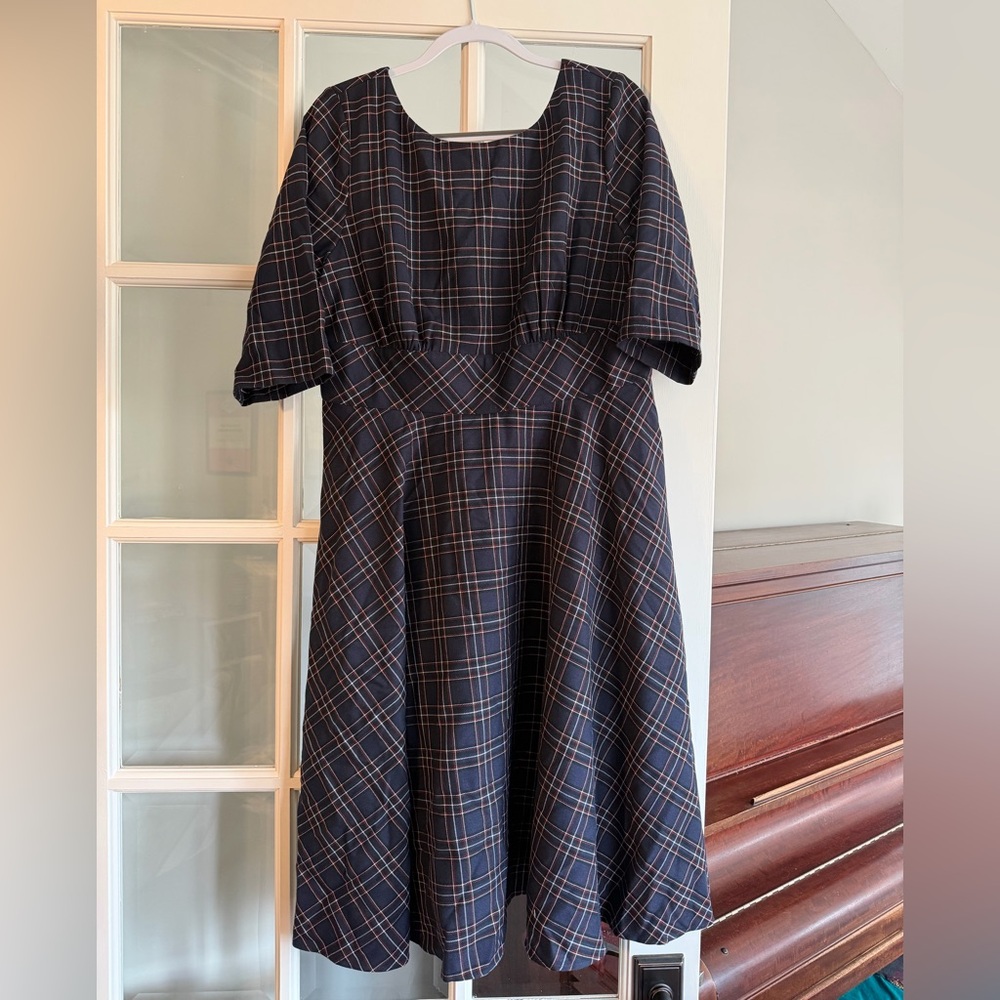 Hell Bunny Navy Plaid Midi Dress with Subtle Red Lines
